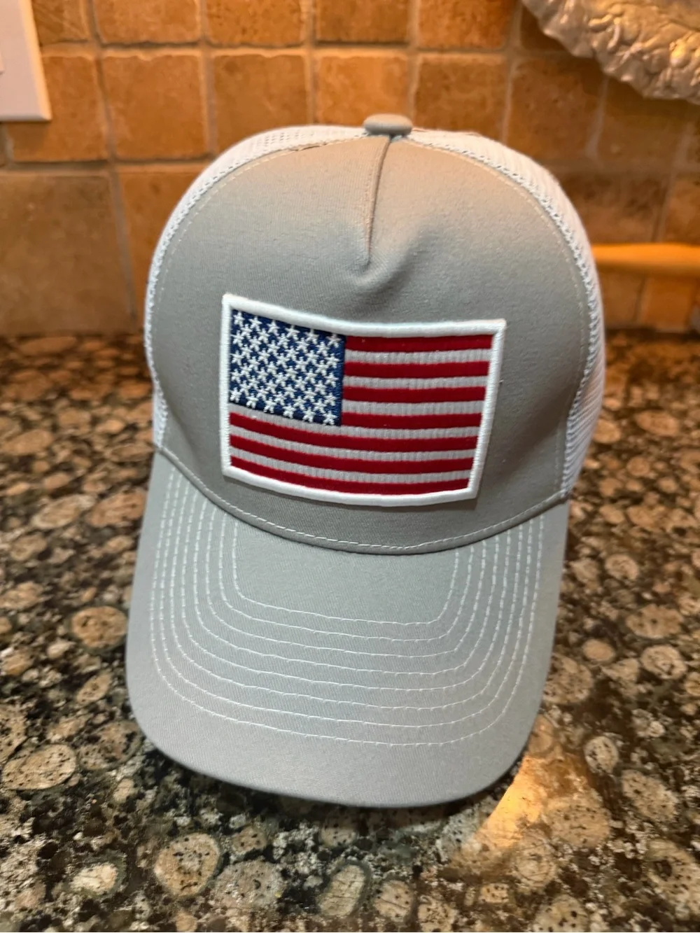 Gray Trucker Hat with Embroidered American Flag